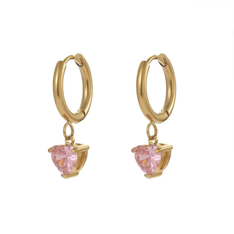 Ins Popular 18k Gold Plated Hoop Earrings Stainless Steel Zircon Heart Pendant Earrings