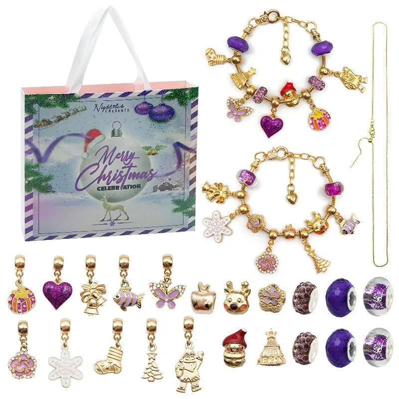 Purple Gold Plated Christmas Charm Beaded Bracelet Making Kit for Girls-Countdown Calendar Blind Box Children's Wedding Surprise