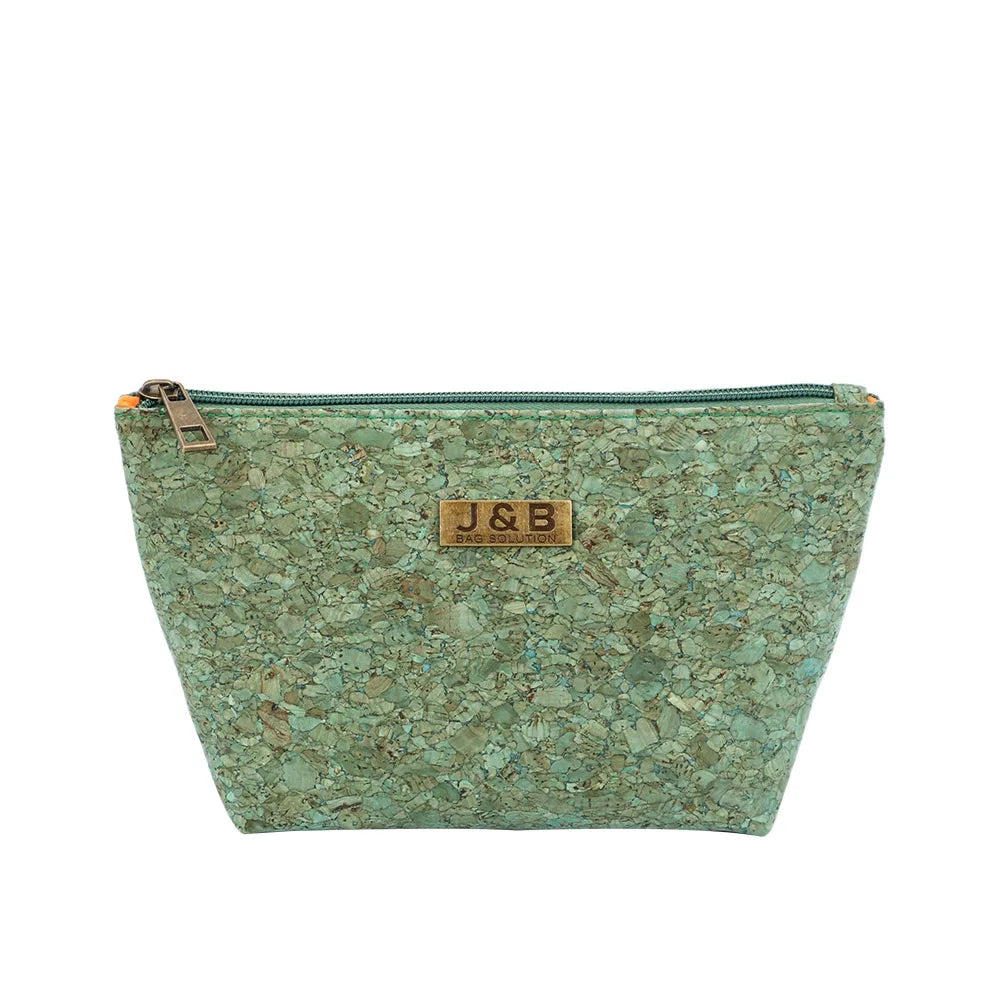 Natural Biodegradability Green Color Eco-friendly Cork Cosmetic Bag Custom with Metal Plate logo Toiletry Pouch Make up Bag