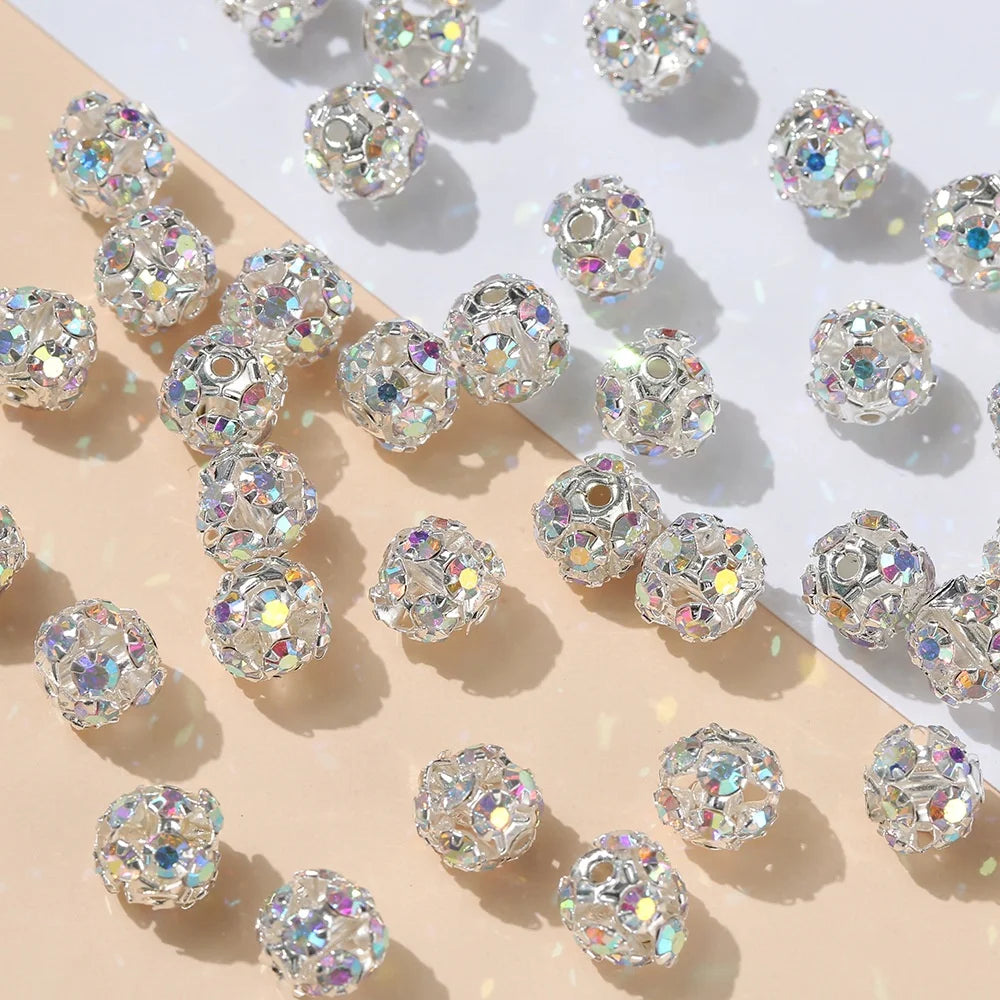 6mm 8mm Silver Diamond Flower Ball Rhinestone Beads White Shiny Round Disco Ball Beads