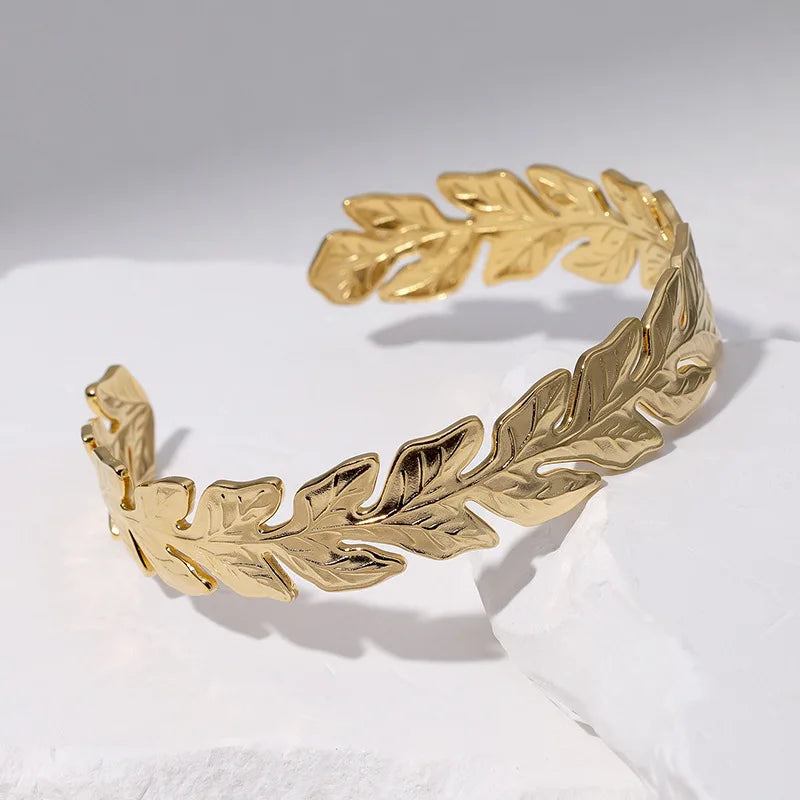 Beimai OEM Bangle Fashionable 18k Gold Stainless Steel Open Adjustable Fresh Leaf Bangle