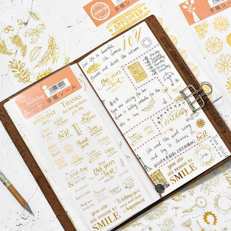 Gold Stamping PET Sticker Twinkle Planner Postmark Letter Decoration Handbook Diary Journal DIY Decorative Gilding Sticker Notes