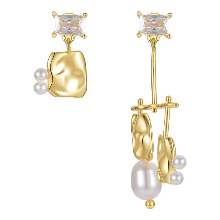High Quality 18K Gold Plated Brass Jewelry Zircon Irregular Ear Stud Natural Pearl Charm Earrings E211233