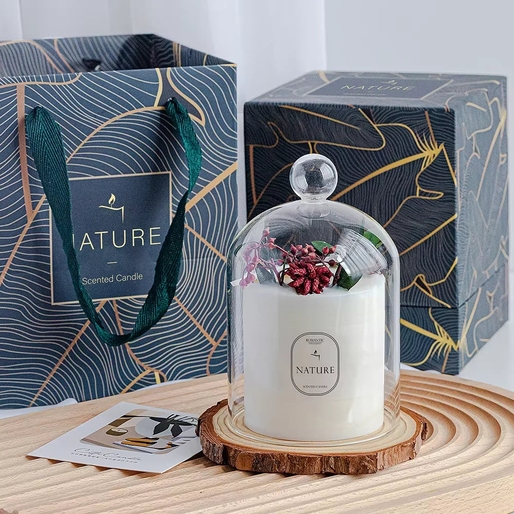 Wholesale Luxury Nordic 100% Soy Wax Aromatic Candles Wedding Gift Set Glass Dome Dried Flowers Fruit Paraffin Wax Cotton Bars