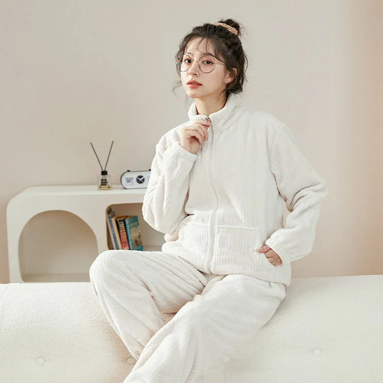 2023 Winter Fashion Pajamas Womens Coral Fleece Pajamas Solid Color Breathe Casual Two Piece Pajama Sets