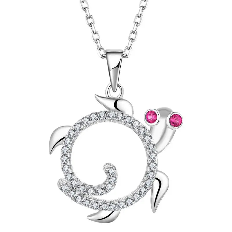925 Sterling Silver Fashion Cute Round Red Corundum Zircon Sea Turtle Pendant Necklace for Women Lady Animal Ocean Beach Jewelry