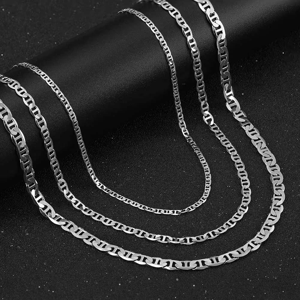 BSC78 Solid 925 Sterling Silver Italian 2.6mm 5mm Flat Mariner Chain Necklace for Men Women with Lobster Clasp Made in Italy