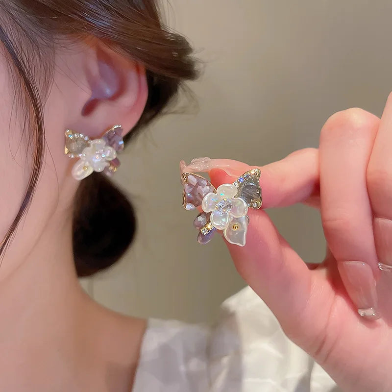 Korean S925 Crystal Pearl Diamond French Retro Earrings Temperament Fashion Pearl Flower Stud Crystal Multicolor Bow Earrings