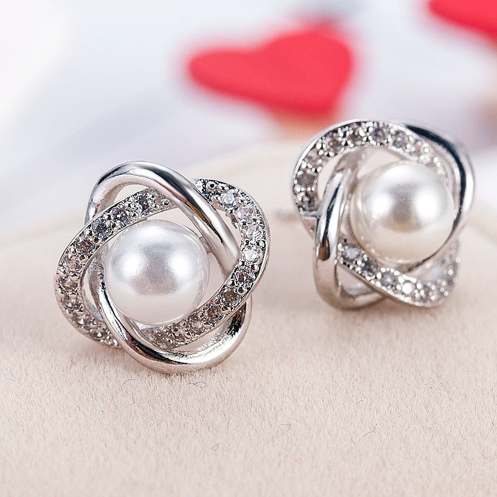 CAOSHI Fashion Factory Jewelry Bridal Earring Imitate Rhodium Plated Round Zirconia Pearl CZ Stud Earrings for Women Wedding MegaBDM