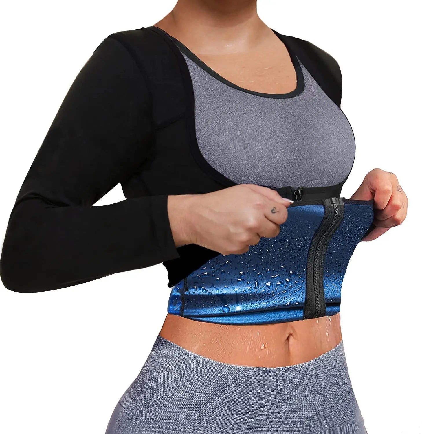 Women Plus Size Lightweight Reversible Windproof Long Sleeve Sweat Sauna Shaper Shirt with Zipper Waist Trimmer Workout Top