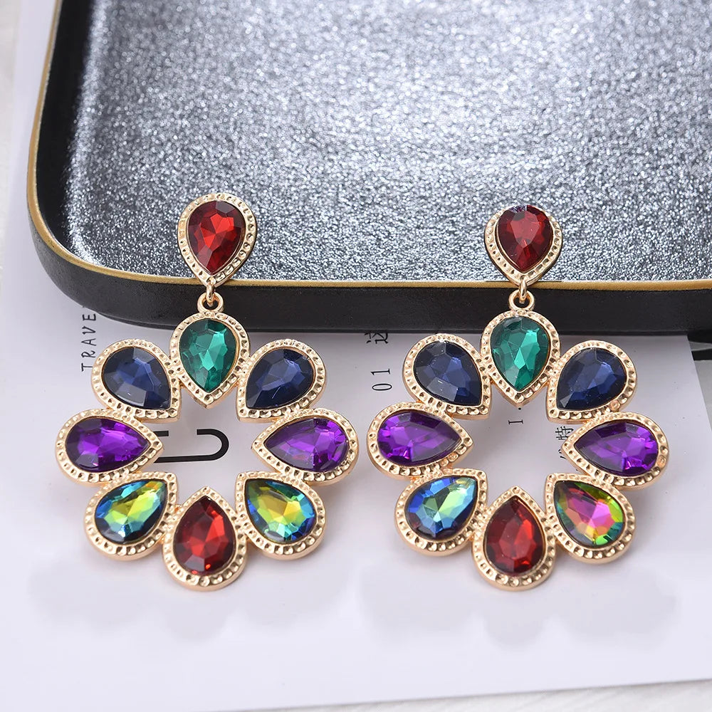 European and American Exaggerated Ear Jewelry Colorful Crystal Round Crystal Diamond Earrings Women Jewelry