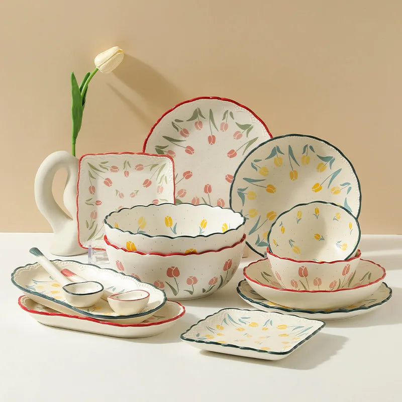 Solhui Under-glaze Ceramic Tulip Dishes Microwavable Household Rice Bowl  square Dishes