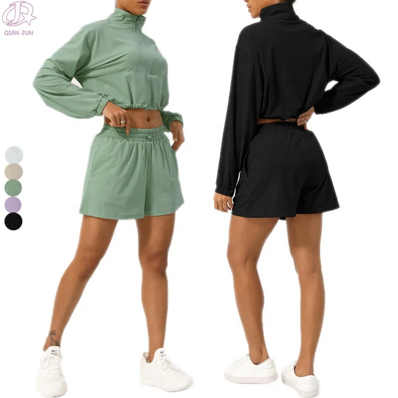 Hot Sale Women's Gym Fitness Set Quick-Drying Sustainable Workout Active Wear XL Size Sunscreen Top Shorts Breathable Solid