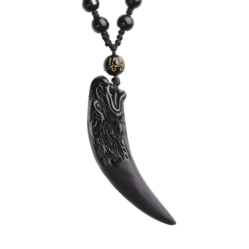 New 100% Crystal Obsidian Tibetan Silver Orthodox Wolf's Tooth Shape Pendant Lucky Amulet Hyperbole Punk Necklace Unisex