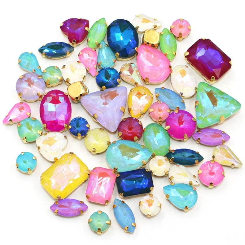 Hot Selling 3D Glass Rhinestones Mixed Color Mocha Fluorescence with Golden Claws for Clothing Sew-On Technique