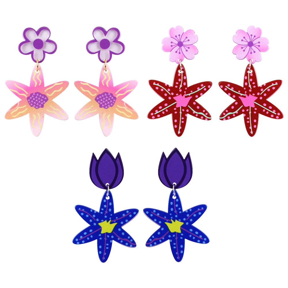 Aluminumcartoon Animal Resin Dangle Earrings Acrylic Drop Earrings for Women Party Jewelry Starfish Fish Flower Blue Pink Red FS