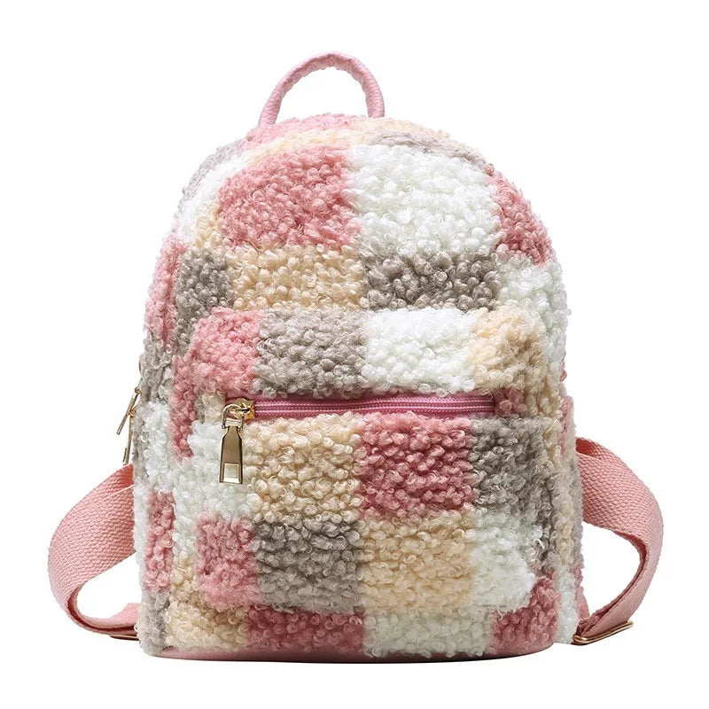 Fashion Girls' Mini Plush Lightweight Zipper Portable 4L Backpack with Plaid Design Arcuate Shoulder Strap for Spring Daily Use