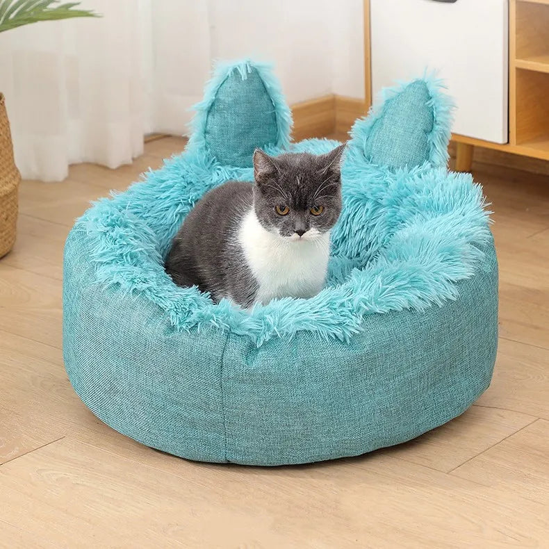 Stocked Removable Long Faux Fur Memory Foam Pet Cat Round Dog Bed with Ears & Tail