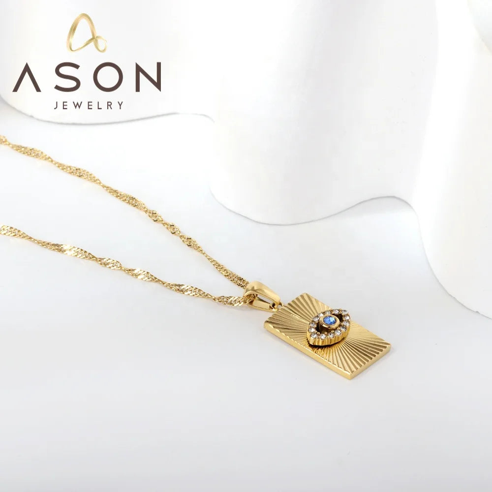 Ason 2023 Hot Sale Not Tarnish Stainless Steel Necklace Fashion 18k Gold Plated Rectangular Mixed Diamonds Eye Pendant Necklace