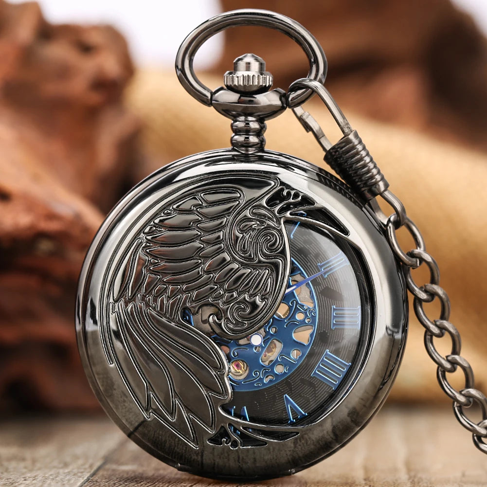 Black Peacock Hollow Skeleton Mechanical Pocket Watch Half Hunter Steampunk Fob Watch with Chain Blue Roman Numerals for Gift