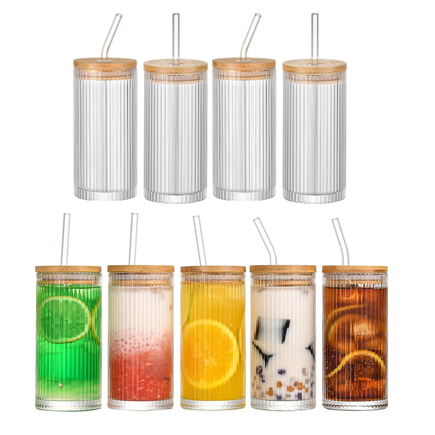12oz Vertical Stripes Reusable Wide Mouth Glass Smoothie Iced Coffee Mason Jar Glass Boba Cups with Bamboo Lid and Straw