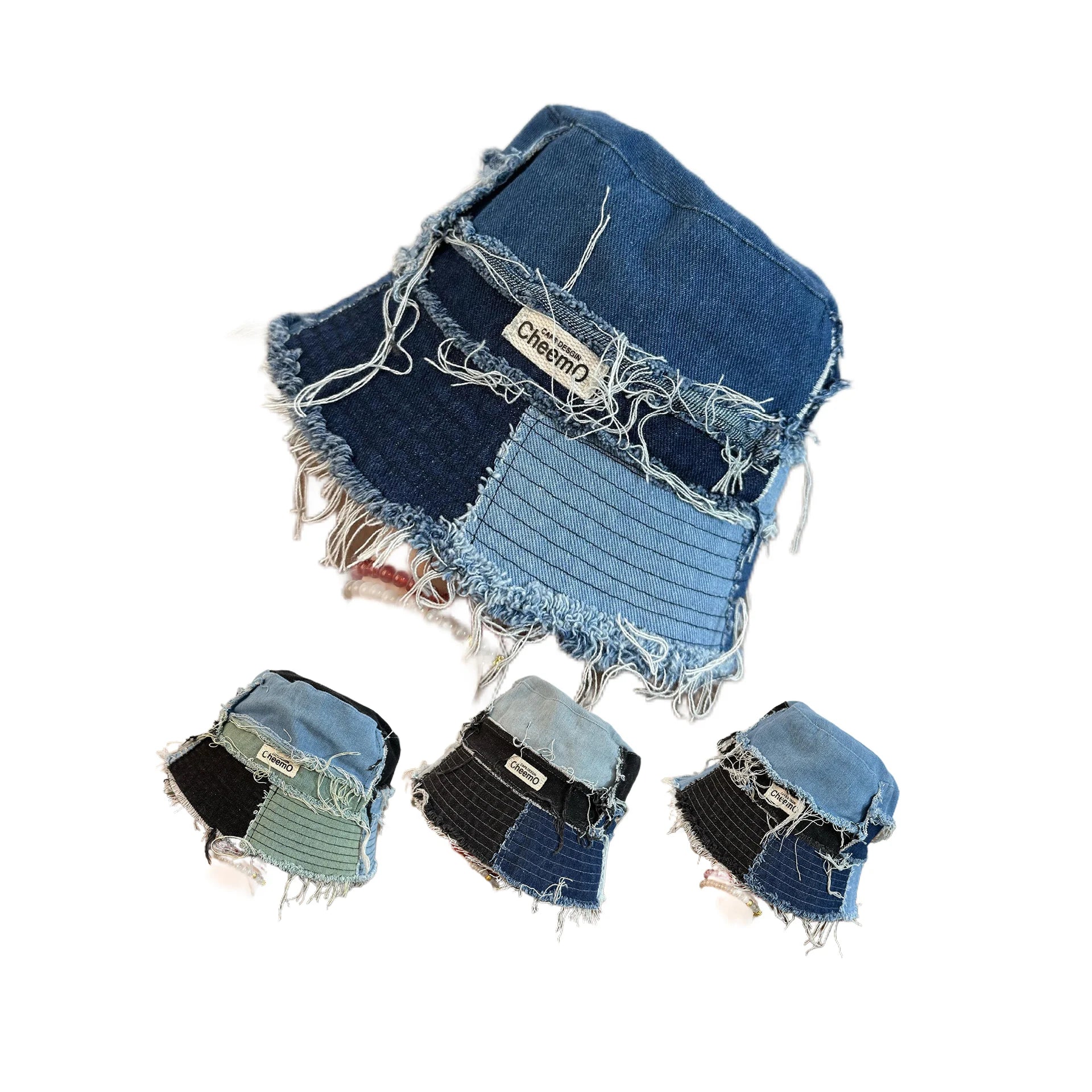 High Quality Fashion Cotton Distressed Fisherman Hats Denim Patchwork Bucket Hats Hip Hop for Women Men