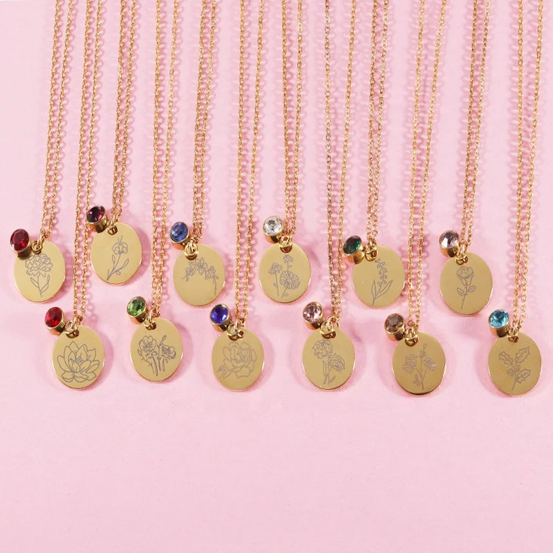 Wholesale Birth Month Flower and Birth Stone Gold Plated Stainless Steel Necklace