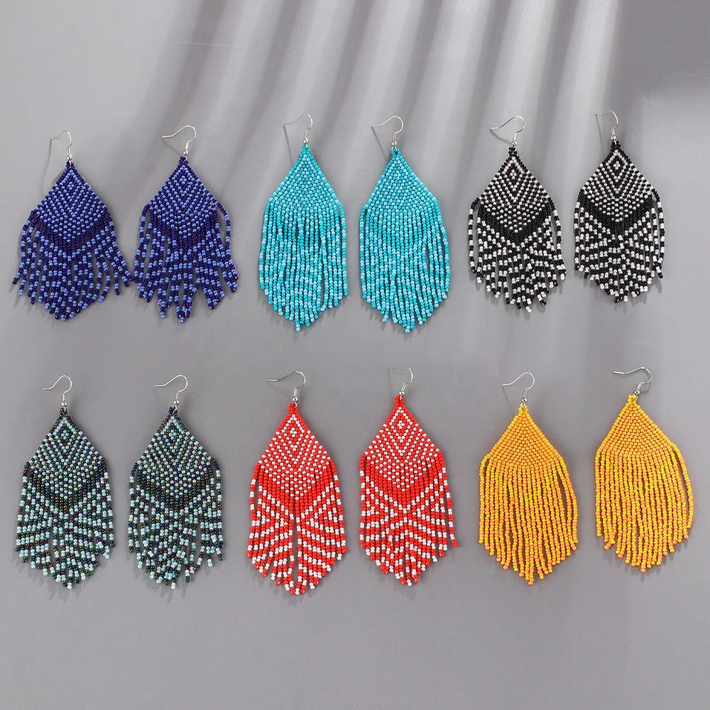 Wholesale Price Colorful Boho Rice Bead Ethnic Jewelry Bohemian Tassel Beaded Drop Earrings for Women