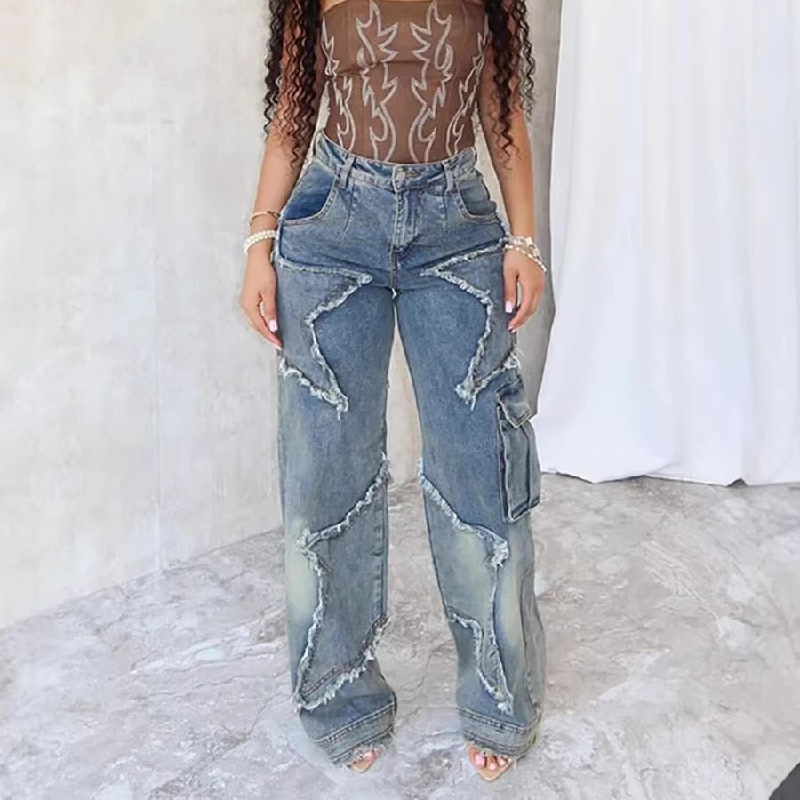 Fashion Plus Size Women's Pants High Waist Straight Star Tassel Loose Casual Full Length Baggy Jeans for Women