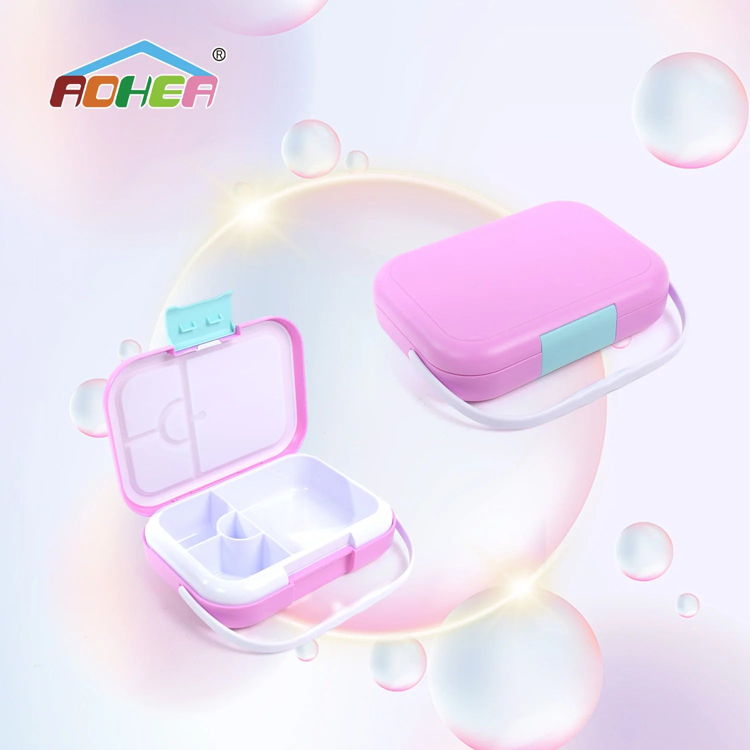Aohea  BPA Free PP  Leak-proof Secure Locking Clip  4 Compartment Tray Lunch Box for Kids  with a Flexible Carrying Handle