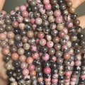 Cheap Price Bulk Loose Gemstone Beads Strand 4-12mm Smooth Round Natural Black Line Pink Rhodonite Stone Beads