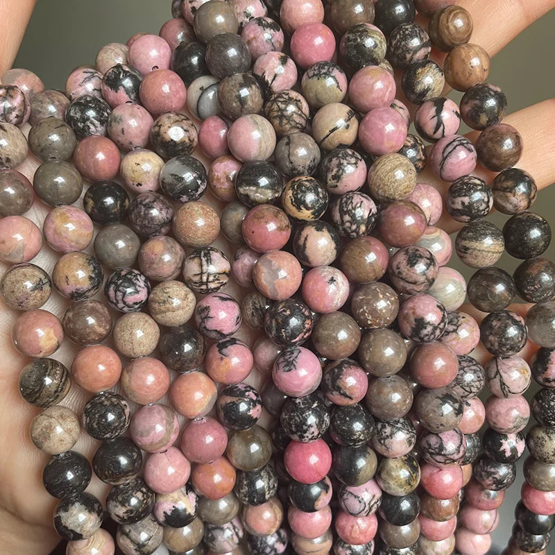 Cheap Price Bulk Loose Gemstone Beads Strand 4-12mm Smooth Round Natural Black Line Pink Rhodonite Stone Beads