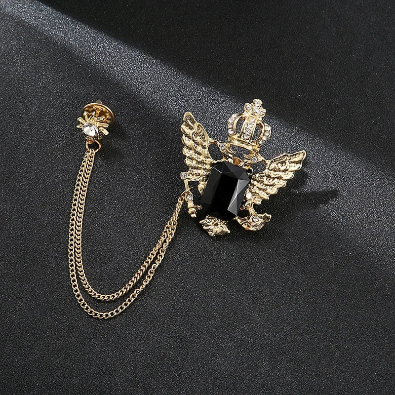 Hot Sale Crown Eagle Black Gemstone Chain Brooch Multicolor Gemstone Men's Classic Corsage