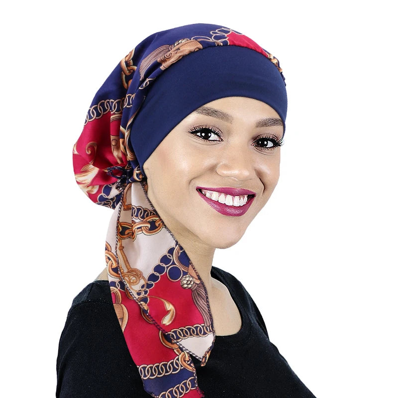 New Design Stretchy Band Silky Satin Pattern Head Wrap Pre-tied Headscarf Women Hijab Turban