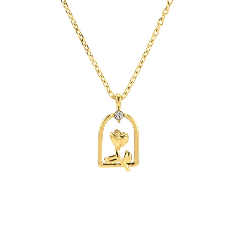 Valentine's Day Jewelry PVD 18K Gold Plated Stainless Steel Rose Flower Pendant Necklace for Gift