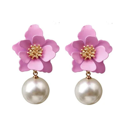SC Temperament Short Earrings Sweet Flower Resin Earrings Personality Flower Pearl Earring for Women