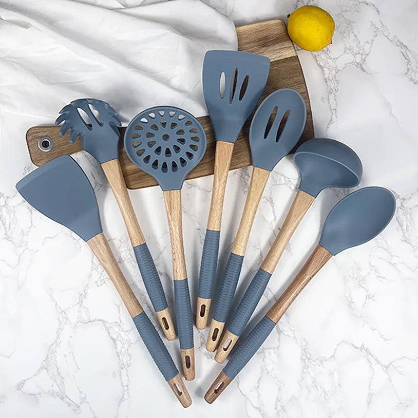 Hot Shovel Custom 7pcs Kitchen Tools Sustainable Bamboo Wooden Handle Silicone Tableware Set for Households Durable Design
