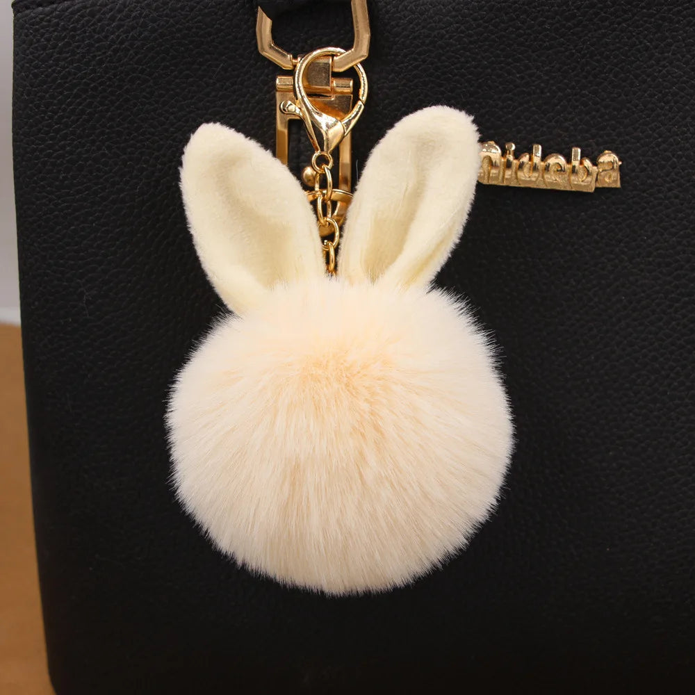 Rabbit Ears Fur Ball Bag Charms with Golden Keyring Pom Pom Keychains Fluffy Fur Ball Pompom Key Chain for Rabbit Keyring
