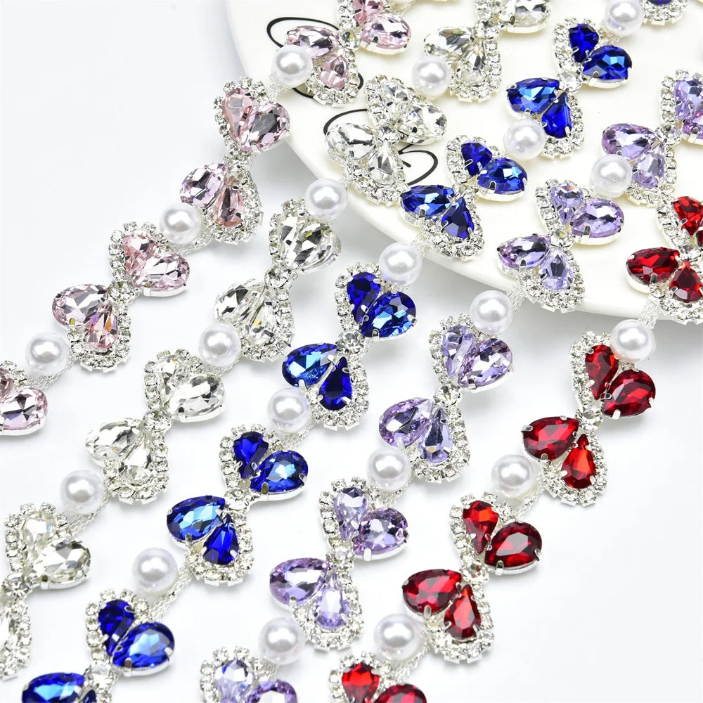 Sew on Clear Crystal Pearl Bow Chain Rhinestone Flower Applique Trimmings for Dress