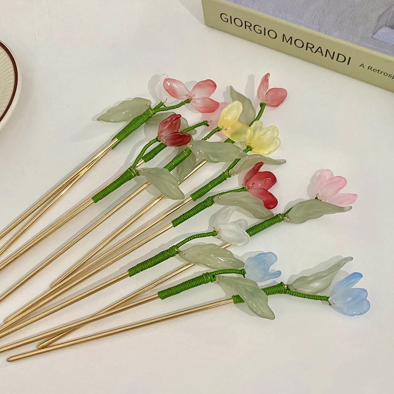 Fashion Jewelry Hair Accessories Han Clothes Chinese Hair Stick Tulip Flower Hair Sticks for Women
