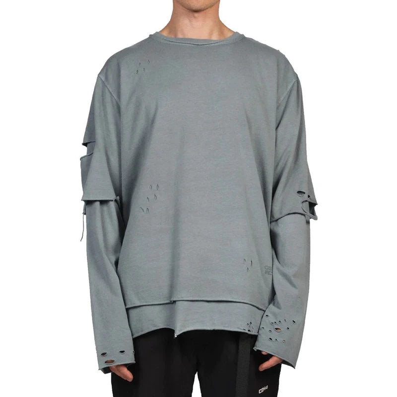 Heavy Weight Men Tee Shirts Vintage Acid Wash Relaxed Fit Hole Distressed Double Layer Long Sleeve Tshirts for Men