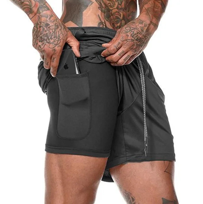 2-in-1 Quick-Dry Elastic Running Shorts with Liner Casual Solid Pattern Anti-Wrinkle Workout Fitness Shorts with Pocket