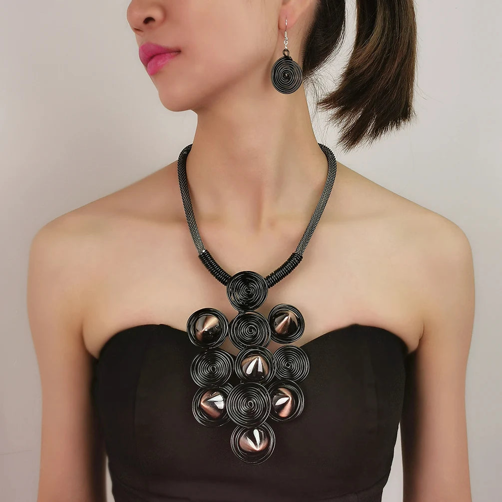 Bohemian African Jewelry Sets Fashion Spiral Round Metal Earrings Cluster Cone Bib Pendant Necklace Sets