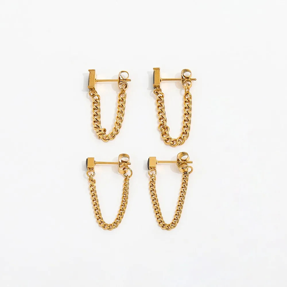 Fenny 18K PVD Plated Wholesale Elegant Party Black Zirconia Tassel Chain Dangle Stainless Steel Hoop Earrings for Women
