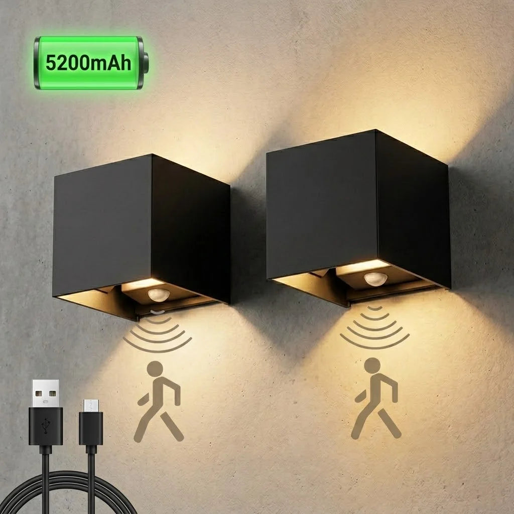 Modern Simplicity LED Wall Mount Lamp up Down Cube Outdoor Fixtures Decor Indoor Bedroom Rechargeable Sensor Battery Wall Light