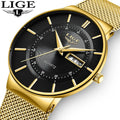 LIGE LG9949 Sample Golden Steel Mesh Minimalist Male Analog Clock Waterproof Quartz Wrist Watch Classic Luxury Watches for Men