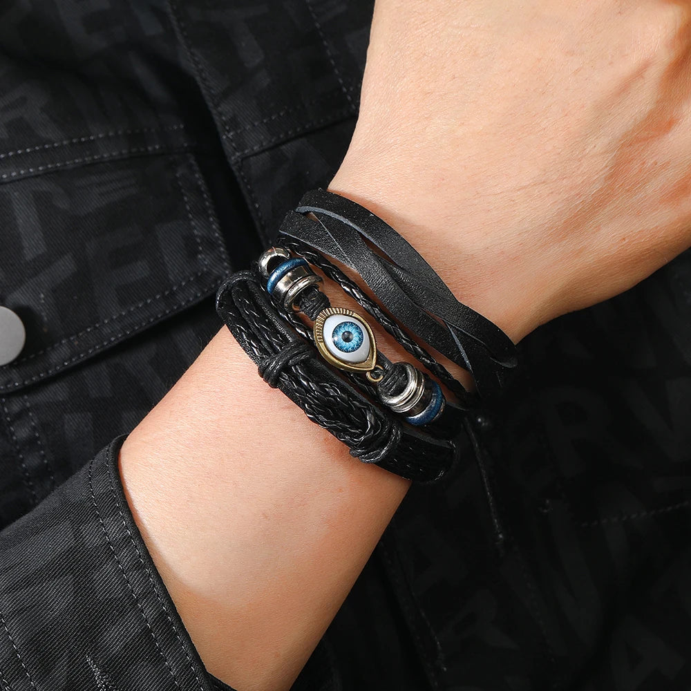 New Arrival DPANCO TZ686 Vintage Genuine Leather Zinc Alloy Men's Fashion Evil Eye Multilayer Adjustable Bangle Anniversary