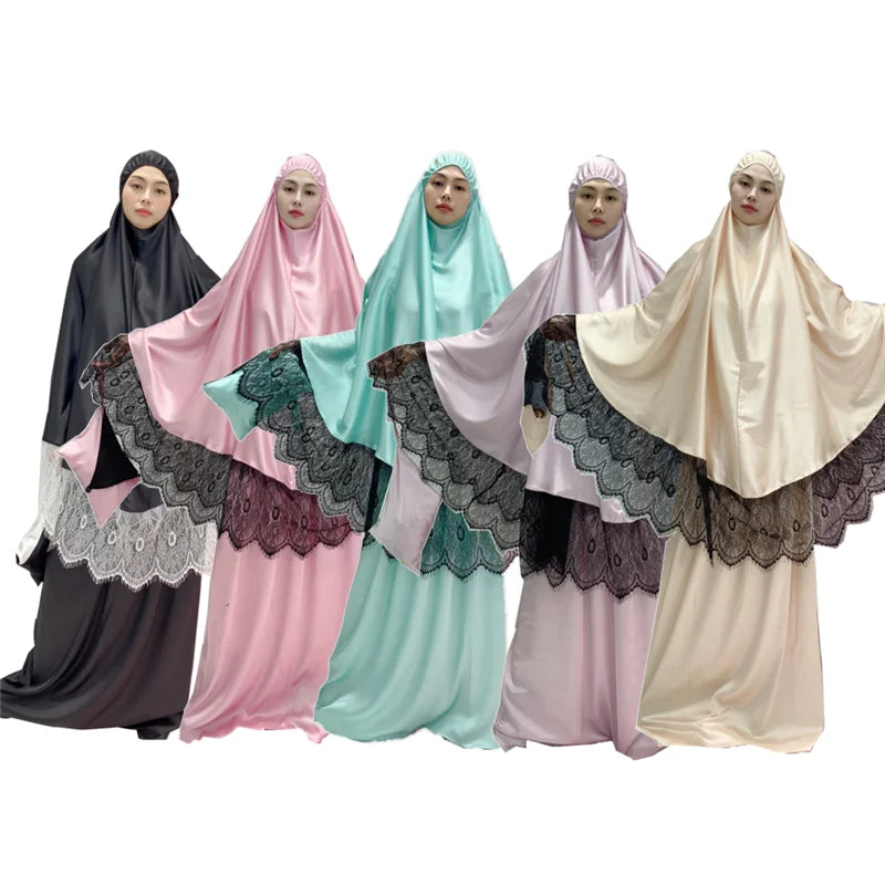 Latest Satin Burqu Design Muslim Overhead Two Piece Jilbab Women Prayer Hijab Skirt Islamic Dresses