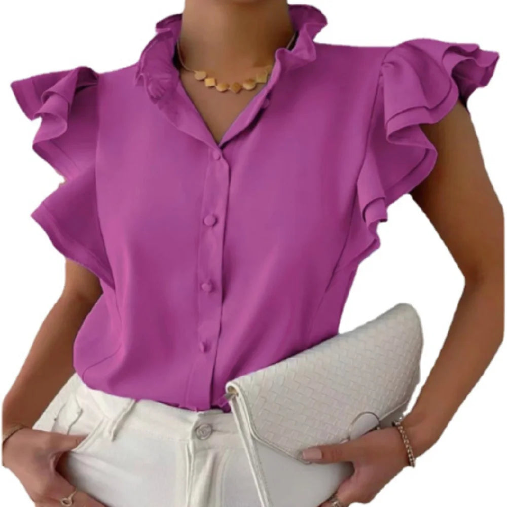 Summer Casual Solid Button Blouse Shirts Fashion V-Neck Tops Ladies Spring Elegant Butterfly Sleeve Streetwear Spring Summer New