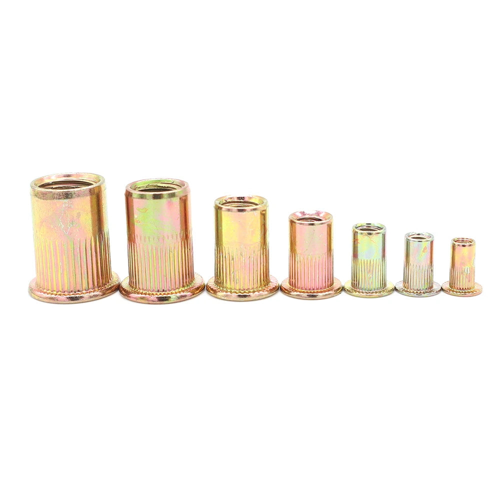 Factory Supply M3 Pcs/Box Yellow Zinc Plating Carbon Steel Flat Head Vertical Stripe/Knurling Rivet Nut Stainless Steel